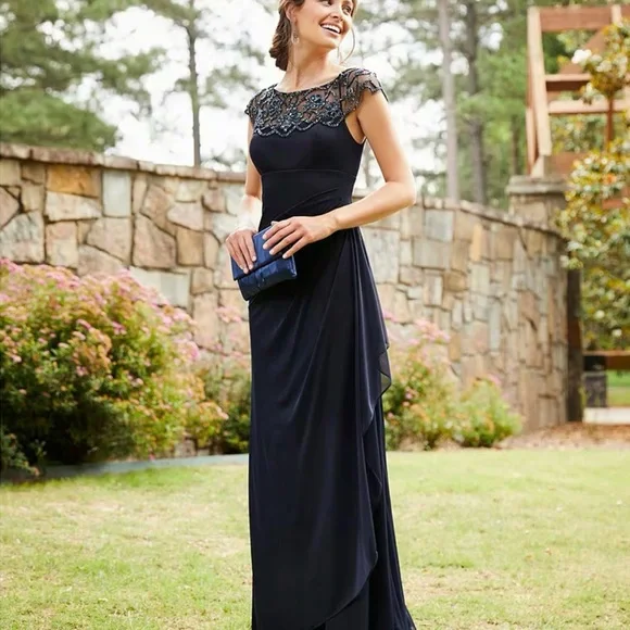 XSCAPE NWT Beaded Cap Sleeve Round Neck Ruched Cascade Ruffle Side Gown (PLUM) - Picture 7 of 12